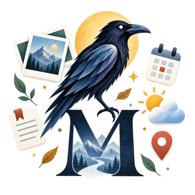 Muninn, the raven, perched on an M among the things a day leaves behind