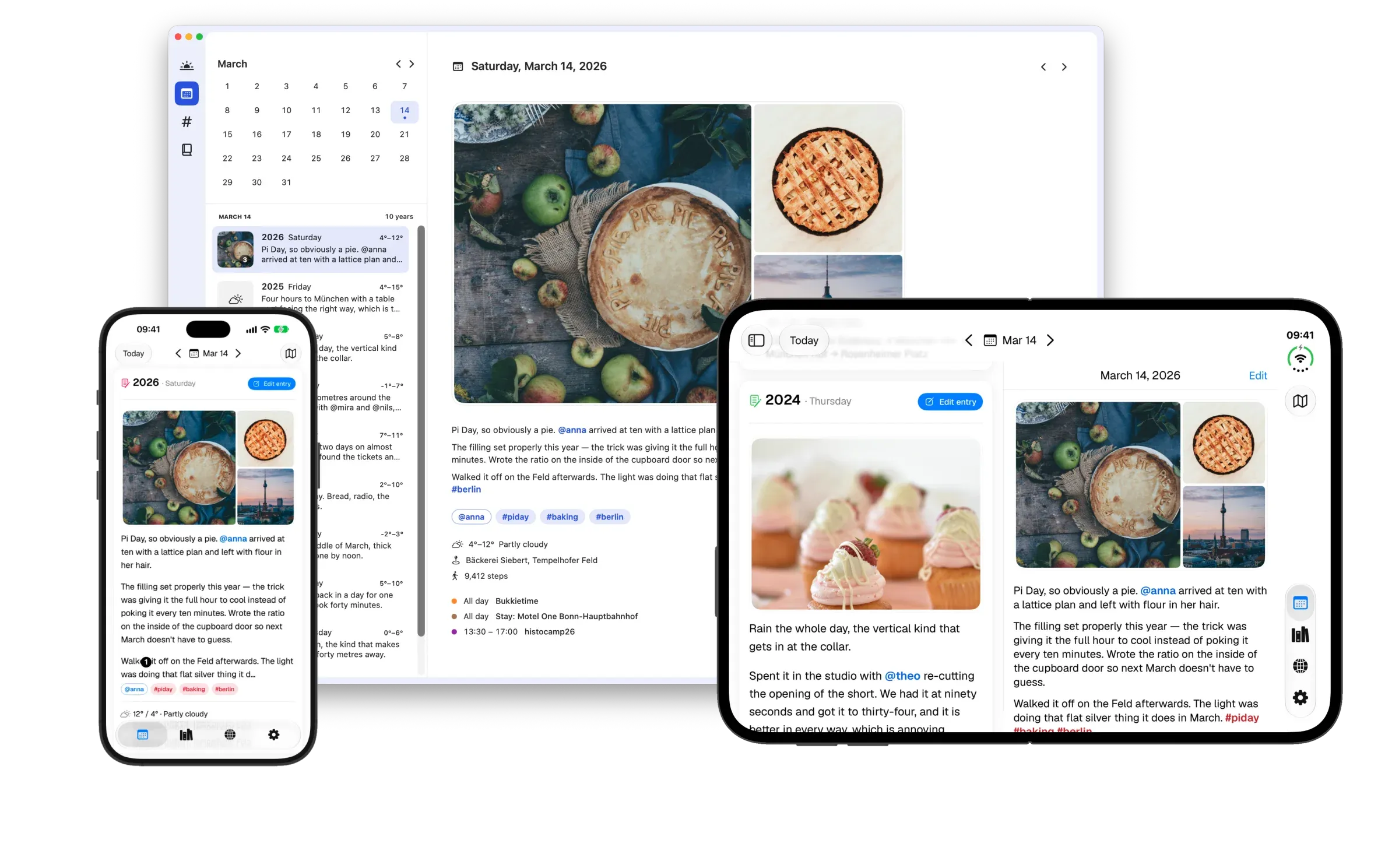 Muninn on a Mac, an iPad and an iPhone, each open on March 14: Pi Day, with photos of pies and the day’s entry